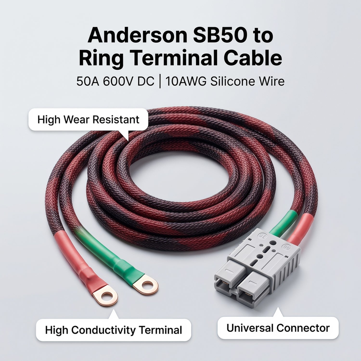 Anderson SB50 to Ring Terminal Cable 50A 600V DC – 10AWG High-Temp Silicone Harness for E-Moto & EV Battery | SLYT