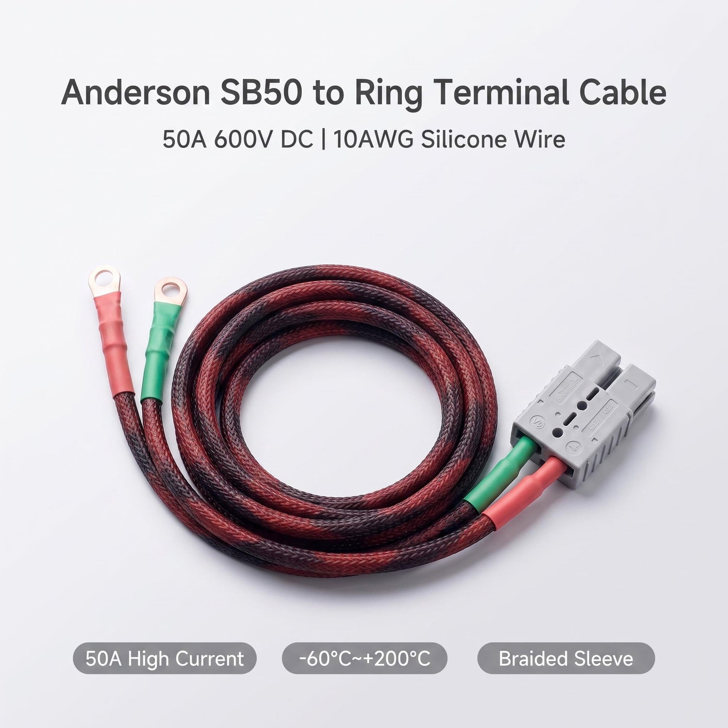 Anderson SB50 to Ring Terminal Cable 50A 600V DC – 10AWG High-Temp Silicone Harness for E-Moto & EV Battery | SLYT